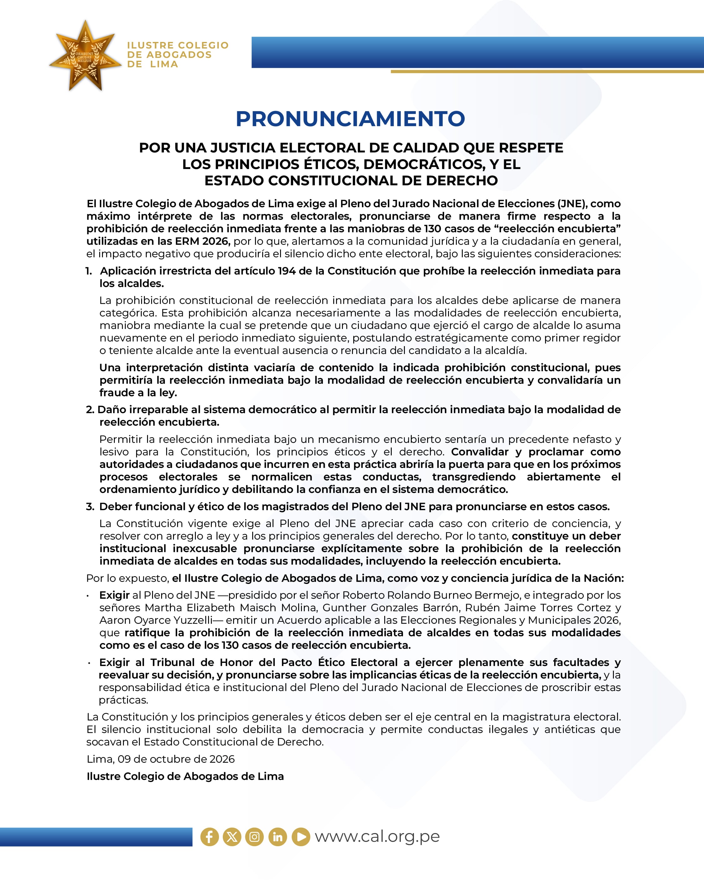Un pronunciamiento del Ilustre Colegio de Abogados de Lima exige al Jurado Nacional de Elecciones de Perú garantizar el cumplimiento de la prohibición de reelección inmediata de alcaldes.