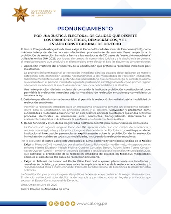 Documento con el escudo del Ilustre Colegio de Abogados de Lima titulado Pronunciamiento sobre la justicia electoral y la reelección de alcaldes