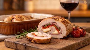 Un pollo relleno cortado en rodajas con jamón, queso, pimientos, romero y tomates cherry asados sobre una tabla de madera; un refractario y una copa de vino al fondo.
