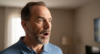 Primer plano de un hombre de mediana edad con barba y camiseta azul, con los ojos muy abiertos y la boca ligeramente abierta en señal de asombro.