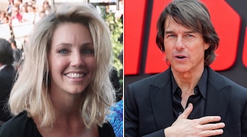 Fotografía dividida con el retrato de Heather Locklear a la izquierda y el de Tom Cruise a la derecha.