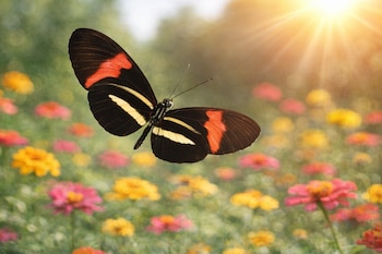 Mariposa de alas negras con franjas rojas y amarillas vuela sobre un campo de flores coloridas. El sol brilla en la parte superior derecha.