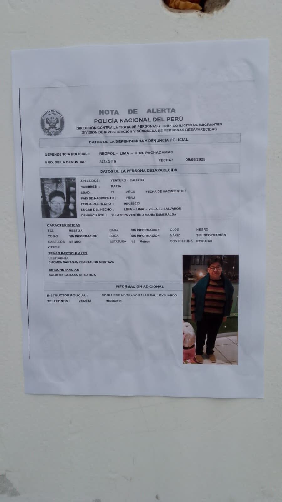 Hoja de denuncia de desaparición de adulta mayor en VES | Foto captura: Facebook.