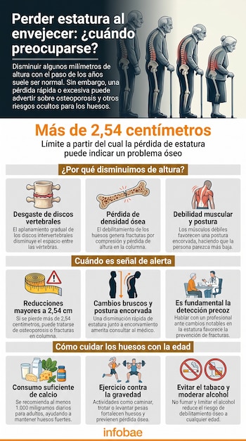 Infografía sobre la pérdida de estatura al envejecer con ilustraciones de personas, huesos, discos vertebrales, músculos, cinta métrica y hábitos saludables.