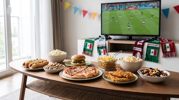 Mesa de centro con platos de pizza, hamburguesa, hot dogs, papas fritas, tiras de pollo, cacahuates, palomitas, frutos secos y un televisor encendido.