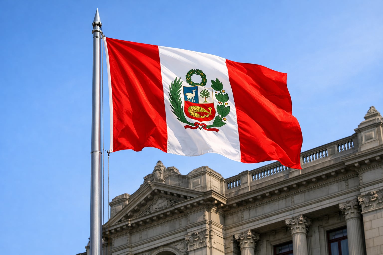La bandera nacional de Perú ondea en lo alto de un mástil metálico frente a la fachada de un edificio oficial de arquitectura clásica. (Imagen Ilustrativa Infobae)