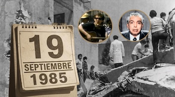 Un calendario con la fecha 19 de septiembre de 1985, ruinas con personas al fondo y dos retratos circulares en la parte superior.