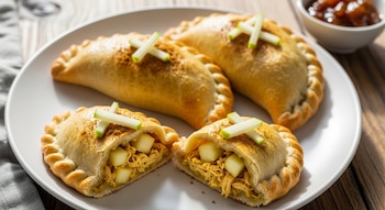 Cuatro empanadas doradas sobre un plato blanco, dos cortadas, mostrando pollo desmenuzado y trozos de manzana. Un cuenco con salsa en el fondo.