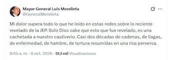 El general Luis Herlindo Mendieta, quien permaneció cerca de 12 años en cautiverio, cuestionó públicamente la versión divulgada sobre las condiciones de los secuestrados - crédito @GeneralMendieta/X