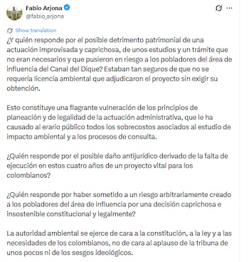 Fabio Arjona atacó al Gobierno Petro por los rezagos en las obras del Canal del Dique - crédito @fabio_arjona/X