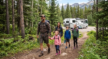 Familia de cuatro, con mochilas y bastones, camina por un sendero en un bosque denso. Una autocaravana blanca está estacionada al fondo, con montañas de fondo