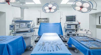 Quirófano moderno con mesa de operaciones cubierta de azul, instrumental quirúrgico, lámparas de techo y varios equipos médicos con pantallas.