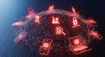 Íconos rojos de calavera, cadena rota, candado y virus en portátil, rodeados de teléfonos inteligentes conectados por una red brillante sobre fondo azul oscuro.