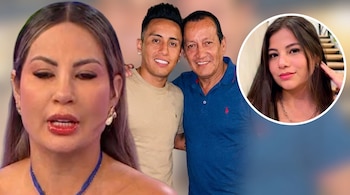 Pamela López en primer plano, Christian Cueva y su padre en segundo plano, y una mujer joven en un círculo a la derecha.