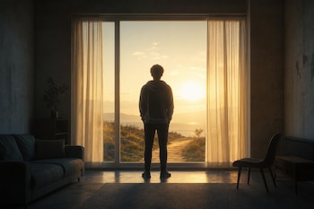 Silueta de una persona de espaldas ante un gran ventanal iluminado por el sol entre dos cortinas en una habitación en penumbra.