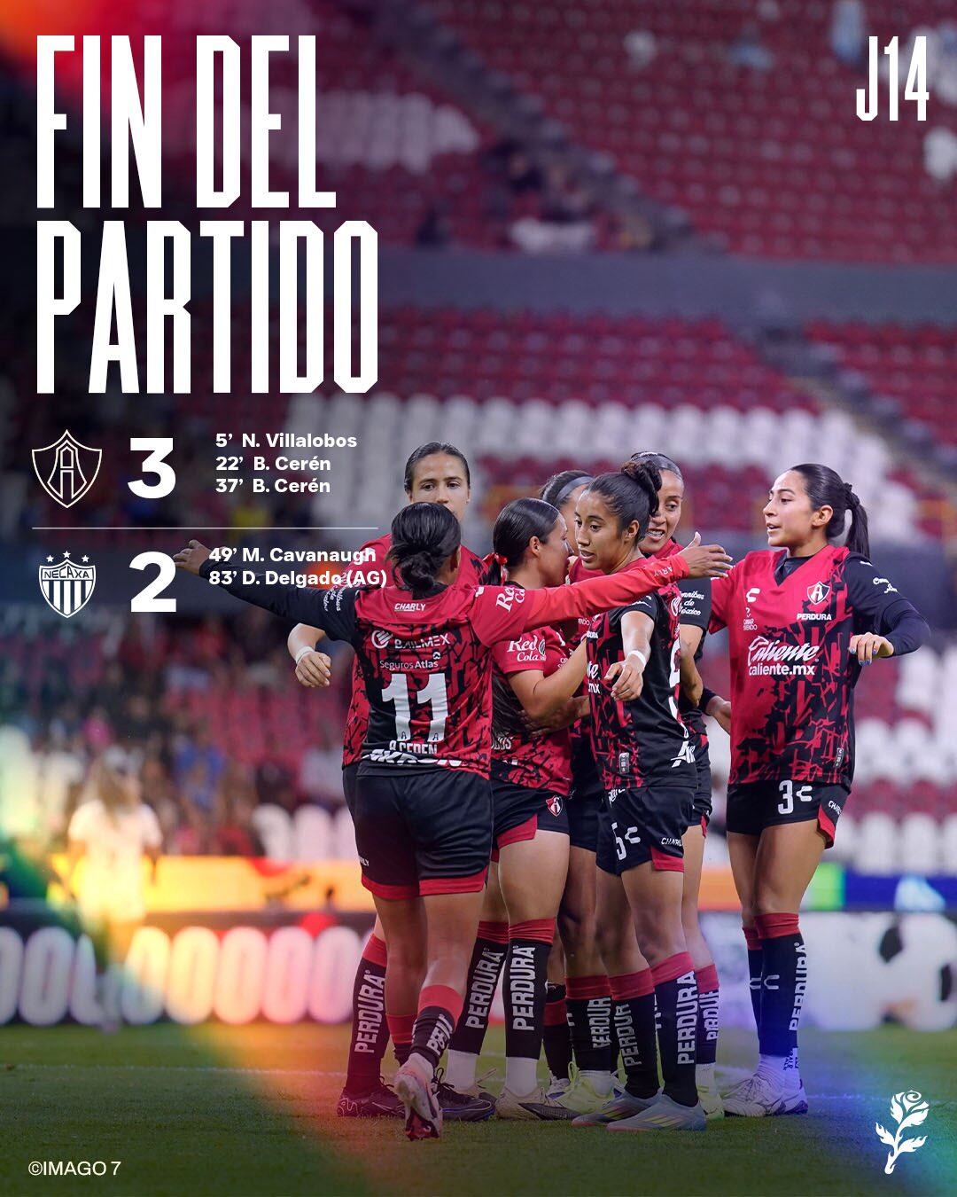 Jugadoras del Atlas Femenil celebran el triunfo 3-2 sobre Necaxa en la jornada 14, donde Brenda Cerén anotó dos goles clave para la victoria en el Estadio Jalisco (Foto cortesía @AtlasFCFemenil).
