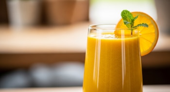 Primer plano de un vaso de jugo de color naranja brillante con una rodaja de naranja y hojas de menta en el borde, sobre una superficie de madera clara.