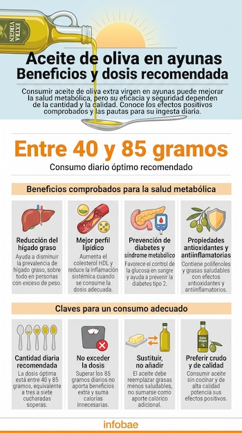 Infografía con botella de aceite de oliva, cuchara, iconos de hígado, vaso sanguíneo, páncreas, rama de olivo y cucharas. Texto sobre beneficios y dosis.