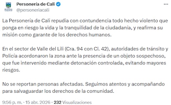 La Personería de Cali rechazó el hecho y confirmó la intervención mediante detonación controlada sin personas afectadas. - crédito @personeriacali/X