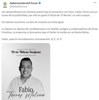 La Gobernación del Cesar destacó la trayectoria de Fabio Torres y lamentó su fallecimiento. - crédito @GobdelCesar/XA