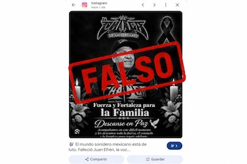 Captura de pantalla de una esquela fúnebre con la fotografía de un hombre, velas y un lazo negro, cruzada por un sello rojo con la palabra Falso.