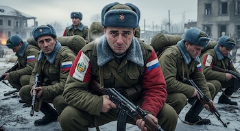 Un grupo de soldados peruanos con uniformes militares de invierno y banderas de Rusia y Perú, con expresiones de tristeza, posa en un paisaje nevado y destruido por la guerra.