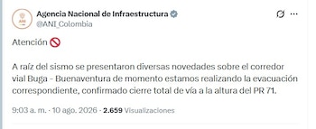 El sismo afectó 13 puntos de la red vial nacional, con daños en Quindío, Caldas, Valle del Cauca y Risaralda - crédito ANI