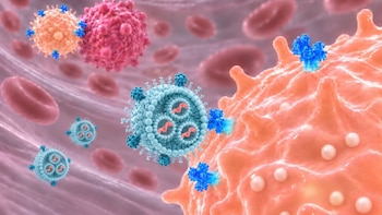Nanopartículas esféricas de color azul claro con material genético interno interactúan con células en un entorno de glóbulos rojos