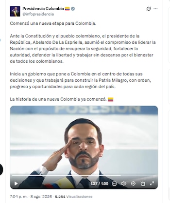 La Presidencia de Abelardo de la Espriella publicó el primer mensaje oficial tras la posesión del mandatario - crédito @infopresidencia/X