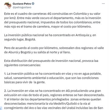 Presidente Gustavo Petro señaló que Antioquia ha recibido vías costosas en comparación con otras regiones