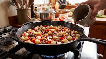 Mano vierte líquido de jarra de cerámica a sartén con carne picada, patatas y pimientos rojos sobre quemador de gas; vapor visible.