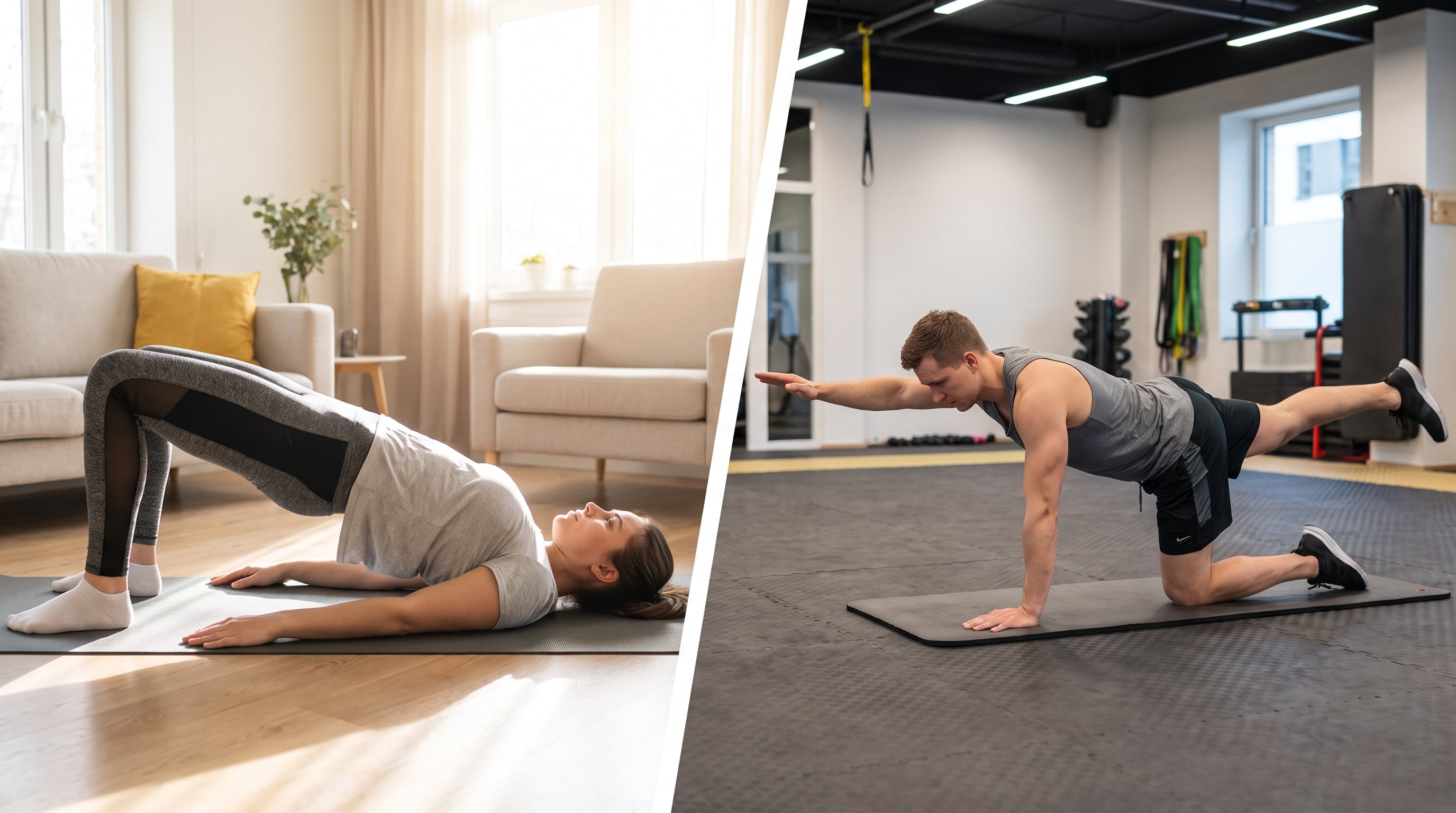 La rutina para aliviar el dolor lumbar incluye puentes básicos y progresiones a una pierna para activar glúteos y mejorar la extensión de cadera (Imagen Ilustrativa Infobae)