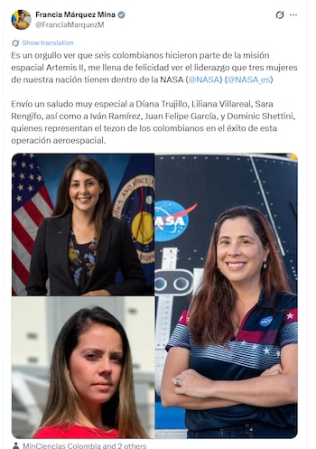 La vicepresidenta Francia Márquez destacó la participación de seis colombianos en la misión - crédito @FranciaMarquezM/X
