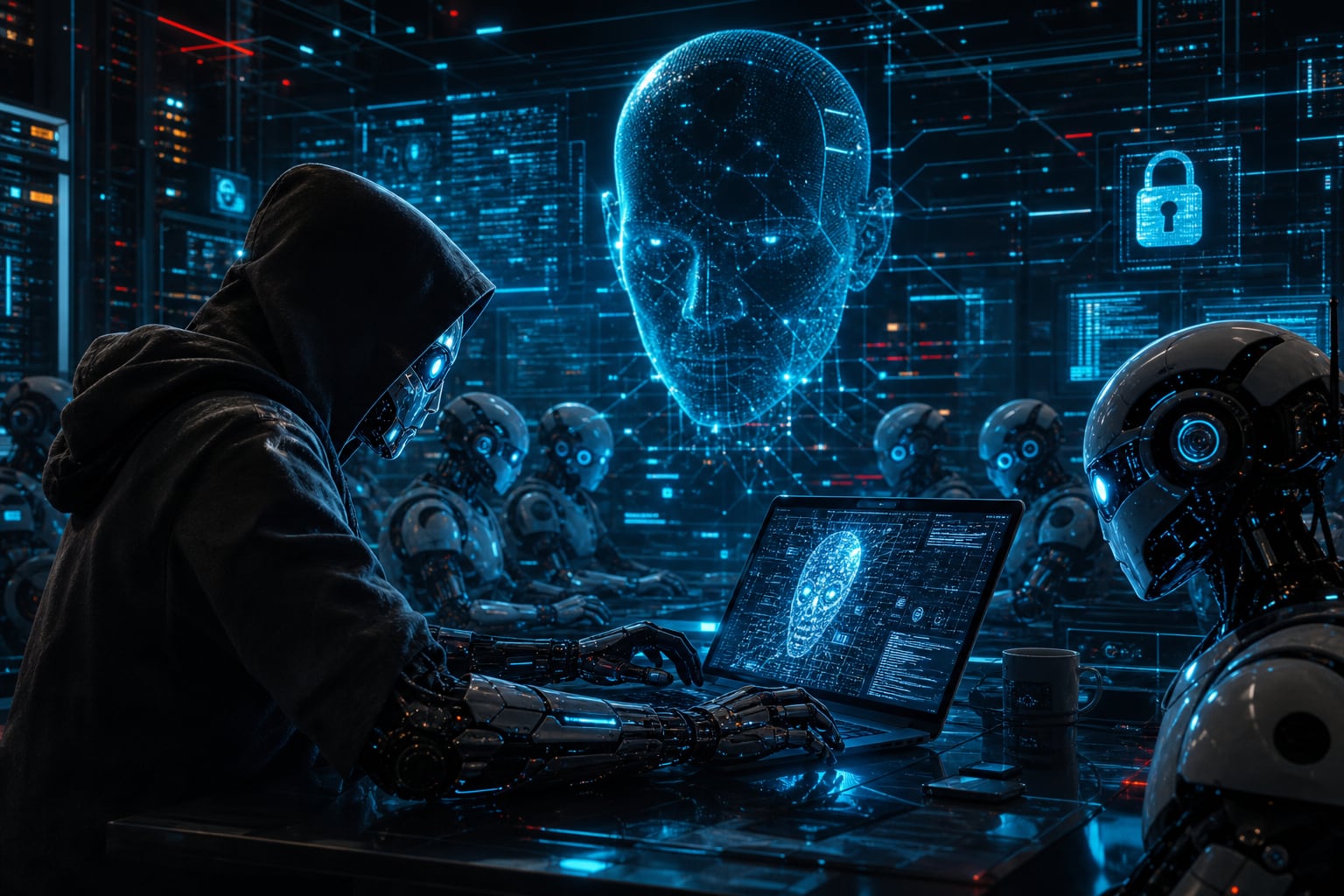 Una figura cibernética con capucha utiliza una computadora portátil rodeada de robots en un centro de datos con hologramas interactivos. (Imagen Ilustrativa Infobae)
