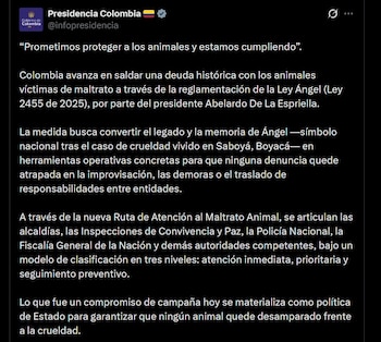 La nueva ruta de atención al maltrato animal coordinará a alcaldías, Inspecciones de Convivencia y Paz, Policía Nacional, Fiscalía y otras autoridades - crédito @infopresidencia / X