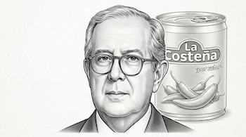 Ilustración en grabado a tinta de un hombre con anteojos y saco, junto a una lata de conservas con el logotipo de La Costeña y chiles.