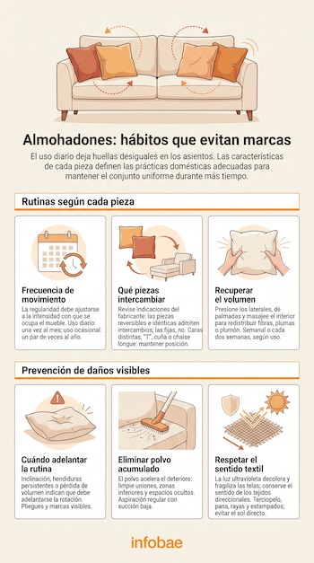 Infografía con ilustraciones de un sofá, un calendario, manos que ahuecan un almohadón, una aspiradora sobre la tela y un tejido bajo el sol.