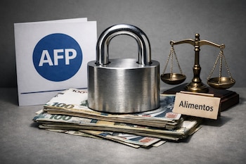 Candado grande sobre billetes de soles peruanos con un documento de AFP, una balanza de justicia pequeña y una tarjeta que dice "Alimentos" a su lado.