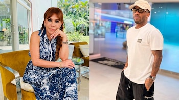 Foto separada com Magaly Medina sentada na cadeira amarela à esquerda e Jefferson Farfán em pé com chapéu e óculos à direita.