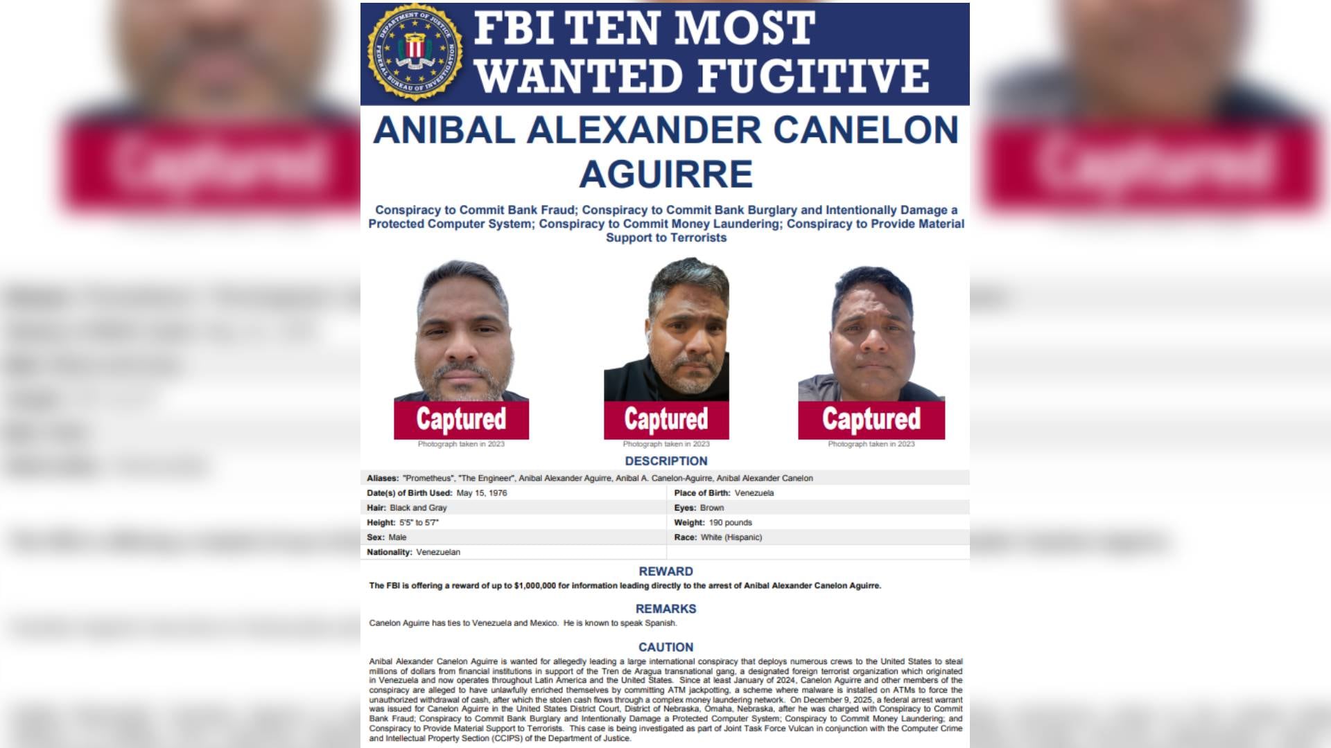 Un cartel de los más buscados de la Oficina Federal de Investigación detalla los cargos y señala la captura de Aníbal Alexander Canelón Aguirre. (FBI)