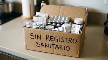 Caja de cartón con el texto 'Sin registro sanitario' repleta de blísteres de píldoras y frascos de medicamentos.