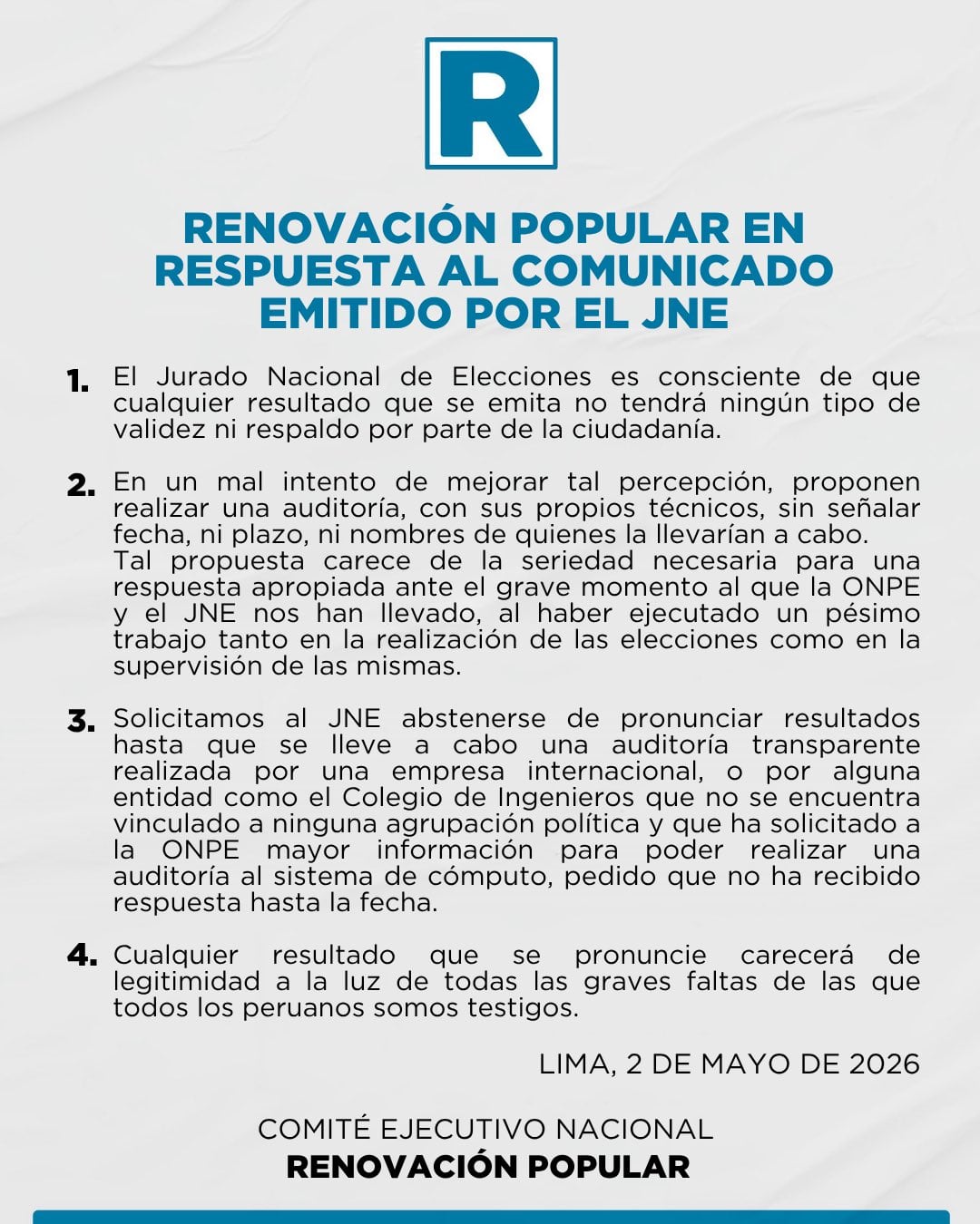 Comunicado oficial de Renovación Popular en el que el partido cuestiona la auditoría del JNE para las Elecciones 2026 y anuncia que no reconocerá los resultados emitidos por la autoridad electoral. (Foto: X / Renovación Popular)