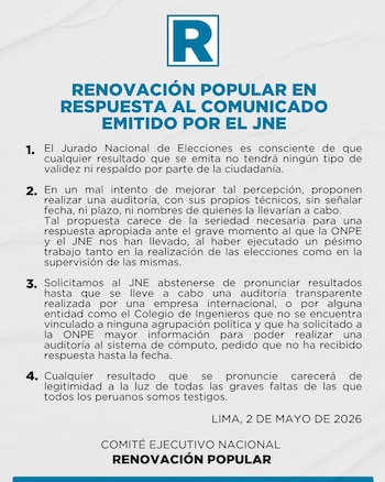 Documento oficial de Renovación Popular con un logo azul y blanco que dice "R", presentando un comunicado sobre su postura ante la auditoría del JNE
