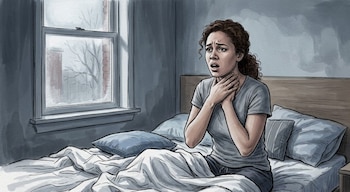 Dibujo de mujer en cama con expresión angustiada, manos en la garganta. Afuera de la ventana, un paisaje invernal con árboles desnudos y nieve