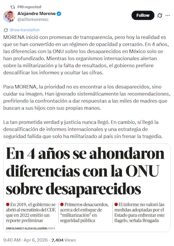 El gobierno de México rechaza el informe del Comité contra las Desapariciones Forzadas de la ONU por considerarlo tendencioso y sin rigor. | (Crédito: X(@alitomorenoc)
