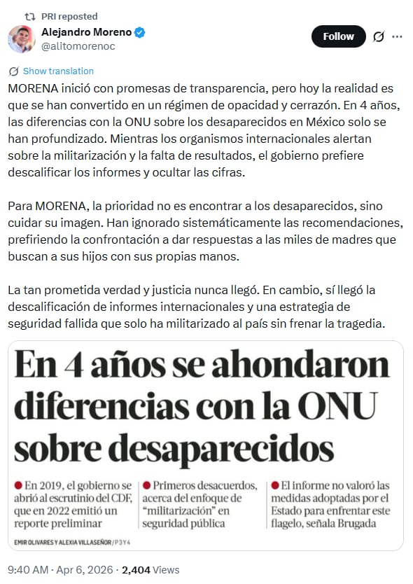 El gobierno de México rechaza el informe del Comité contra las Desapariciones Forzadas de la ONU por considerarlo tendencioso y sin rigor. | (Crédito: X(@alitomorenoc)
