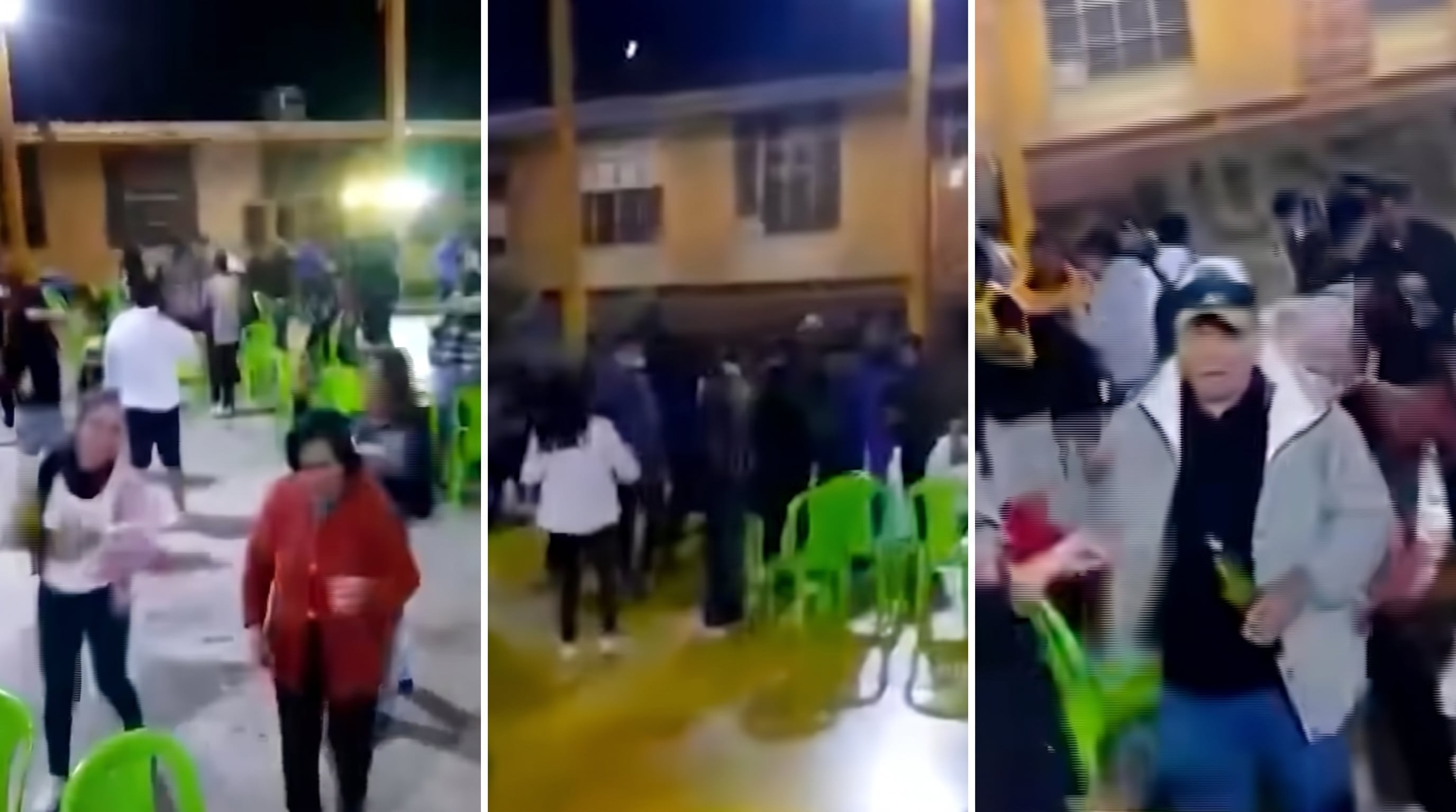 Varias personas caminan y conversan durante una celebración nocturna realizada en un patio al aire libre con sillas de plástico verdes. (Imagen Ilustrativa Infobae)