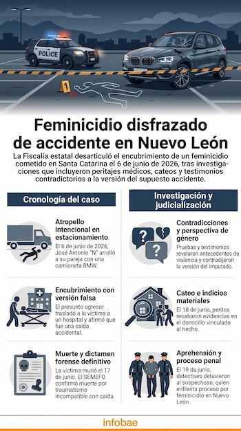 Infografía con coche de policía, coche BMW dañado, silueta de cuerpo en el suelo. Incluye iconos de camión, persona en camilla, hospital, portapapeles, burbujas, casa, lupa y tres personas.