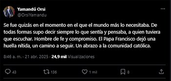 Tweet del presidente de Uruguay,
