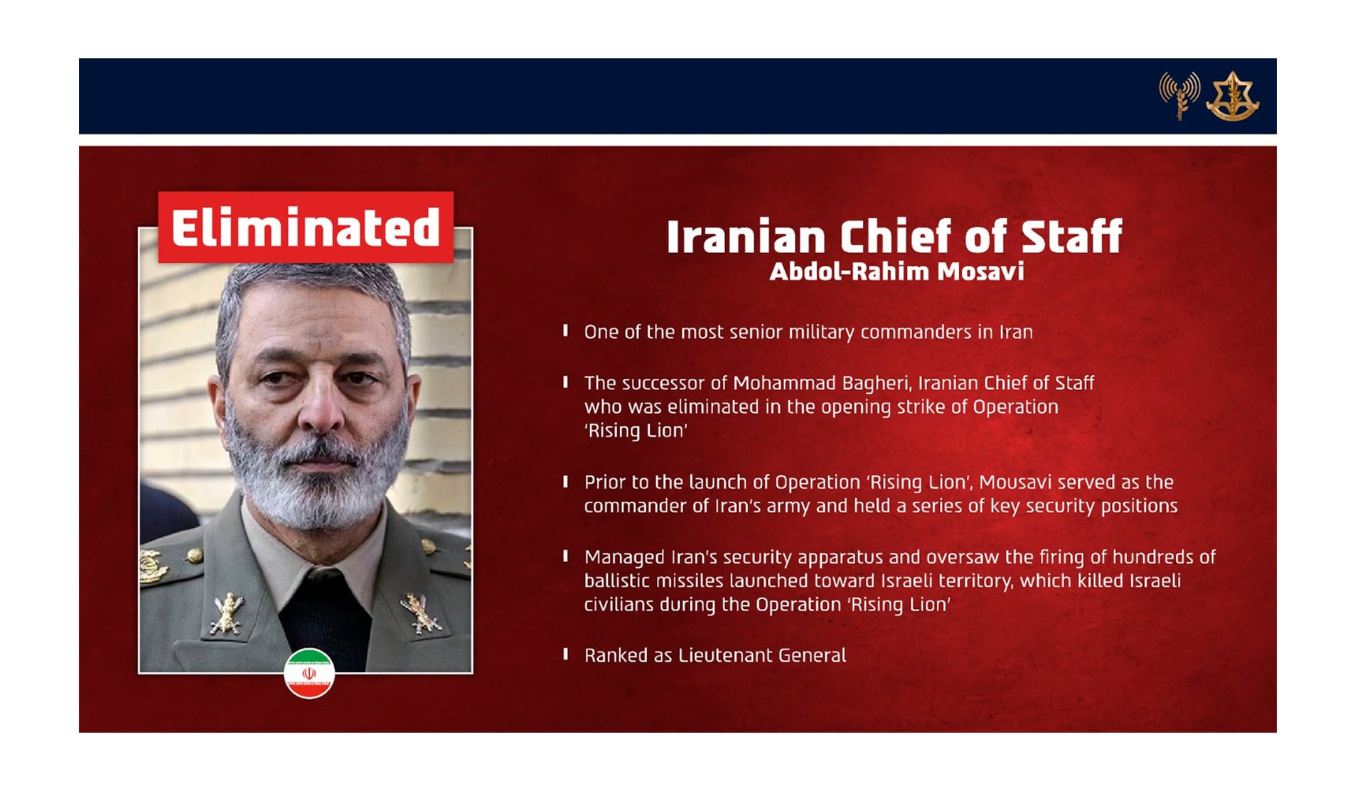 Retrato del general iraní Abdol-Rahim Mosavi, identificado como uno de los altos mandos militares eliminados en el ataque israelí
